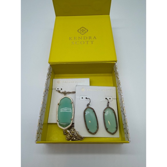 Kendra Scott Jewelry - Kendra Scott Rayne Tassel Necklace and Dani Earrings Set Mint Green Gold Tone